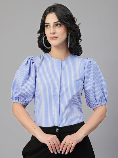 Style Quotient Women Blue and White Stripe Polycotton Formal Top