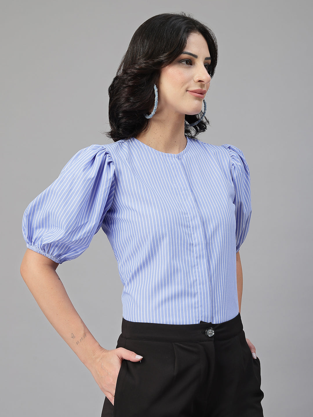 Style Quotient Women Blue and White Stripe Polycotton Formal Top