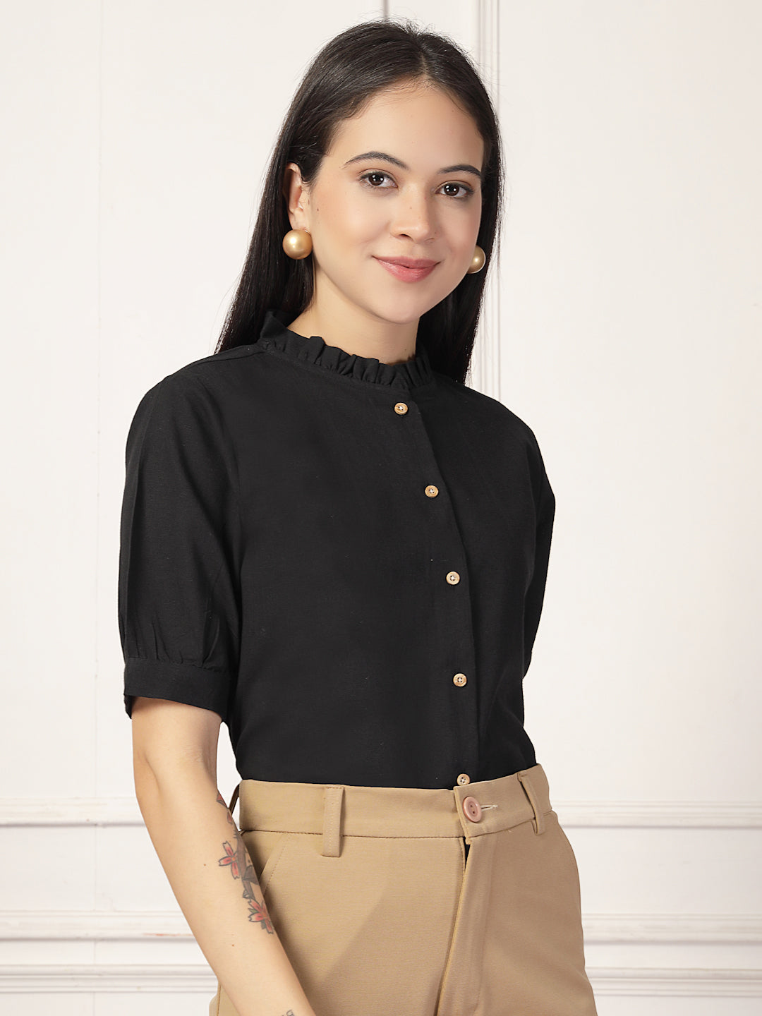 Style Quotient Women Solid Black Regular Fit Flex Formal Shirt