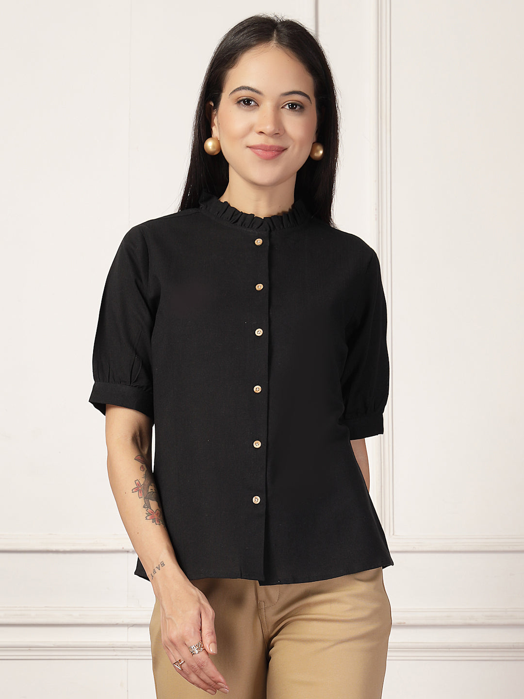 Style Quotient Women Solid Black Regular Fit Flex Formal Shirt