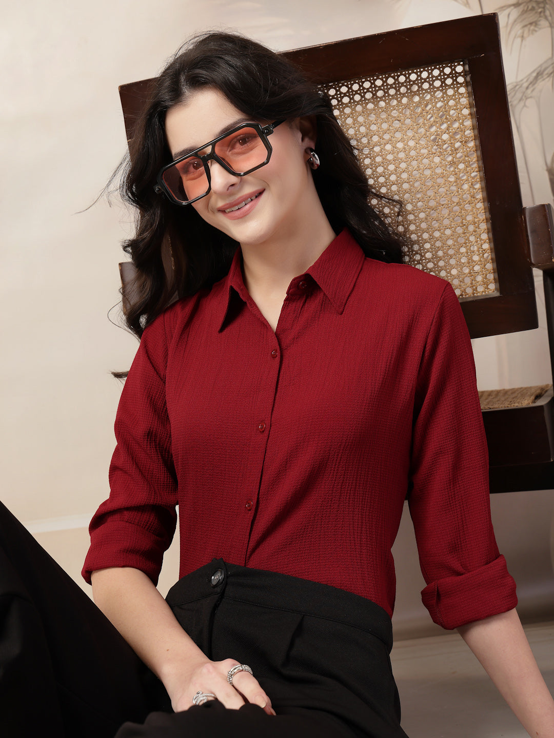 Style Quotient Women Maroon solid textured shirt
