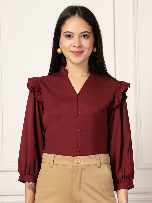 Style Quotient Women Solid Maroon Polymoss Formal Shirt