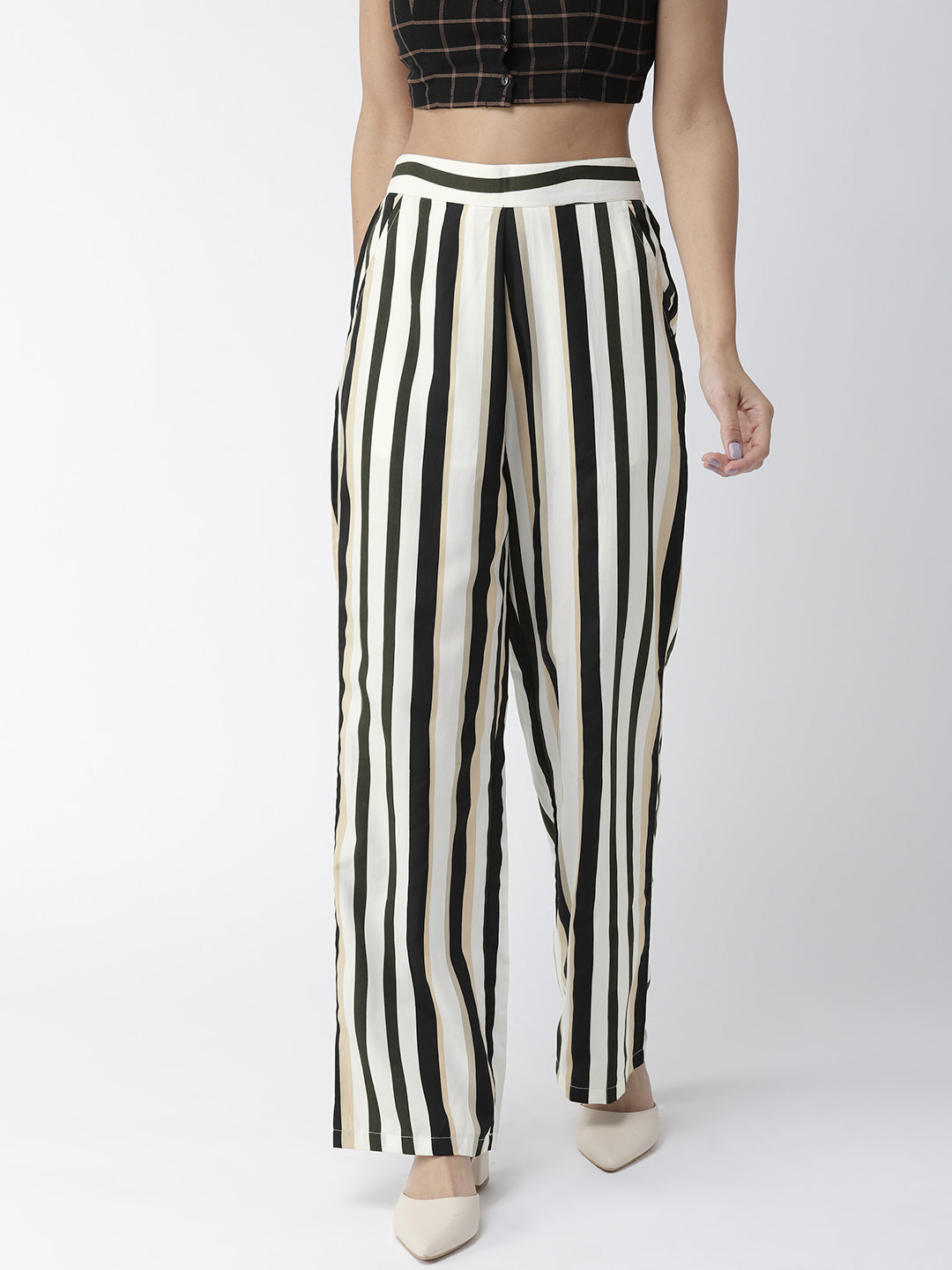 Style Quotient Women Off-White & Black Original Straight Fit Striped Parallel Trousers