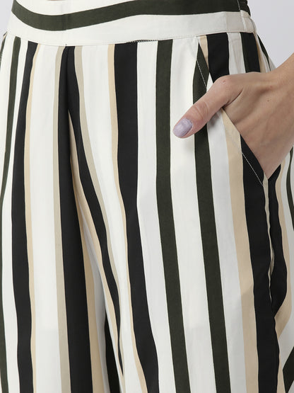 Style Quotient Women Off-White & Black Original Straight Fit Striped Parallel Trousers