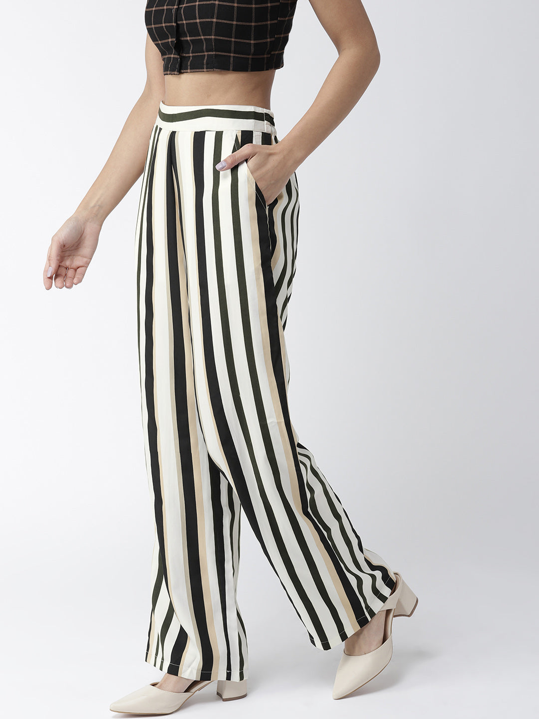 Style Quotient Women Off-White & Black Original Straight Fit Striped Parallel Trousers