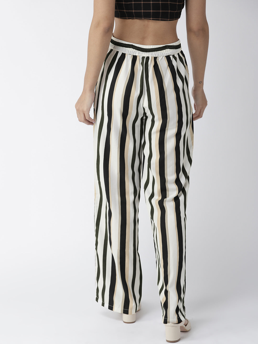 Style Quotient Women Off-White & Black Original Straight Fit Striped Parallel Trousers