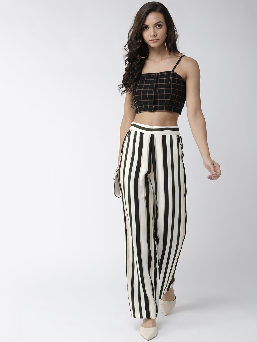 Style Quotient Women Off-White & Black Original Straight Fit Striped Parallel Trousers