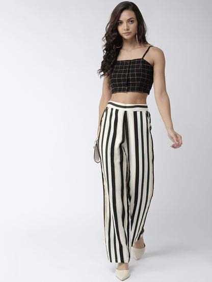Style Quotient Women Off-White & Black Original Straight Fit Striped Parallel Trousers
