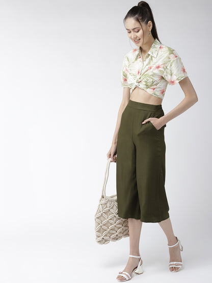 Style Quotient Women Olive Green Original Loose Fit Solid Culottes