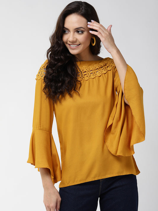 Style Quotient Women Solid Mustard Yellow Viscose Rayon Smart Top