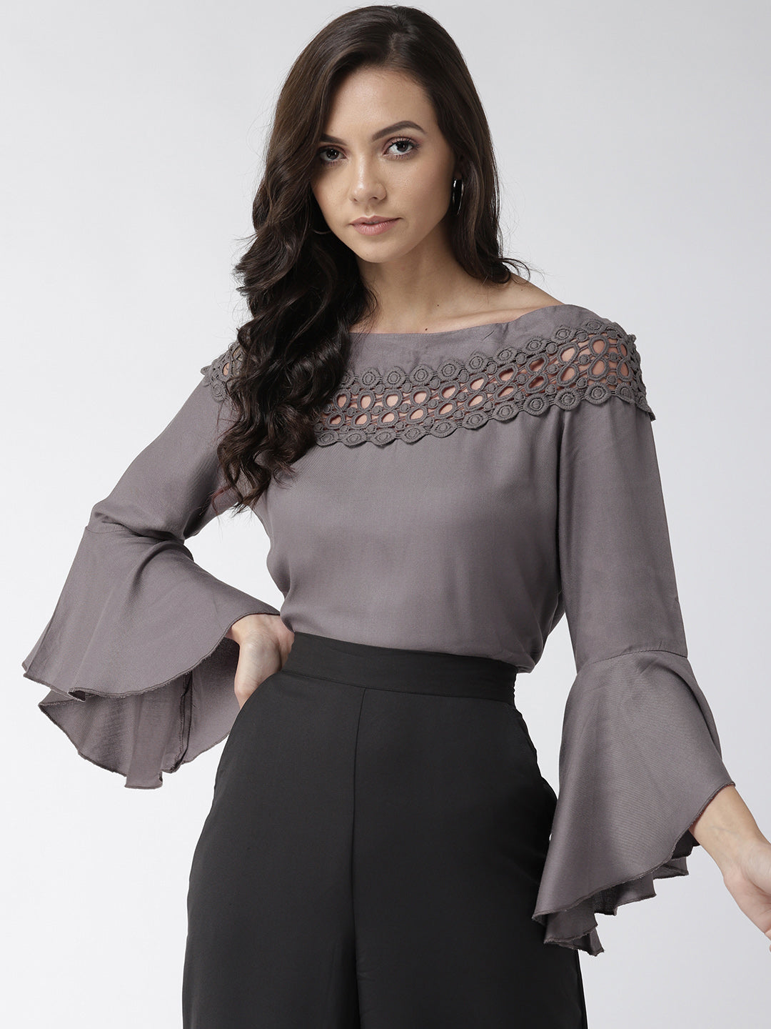 Style Quotient Women Solid Grey Viscose Rayon Smart Top