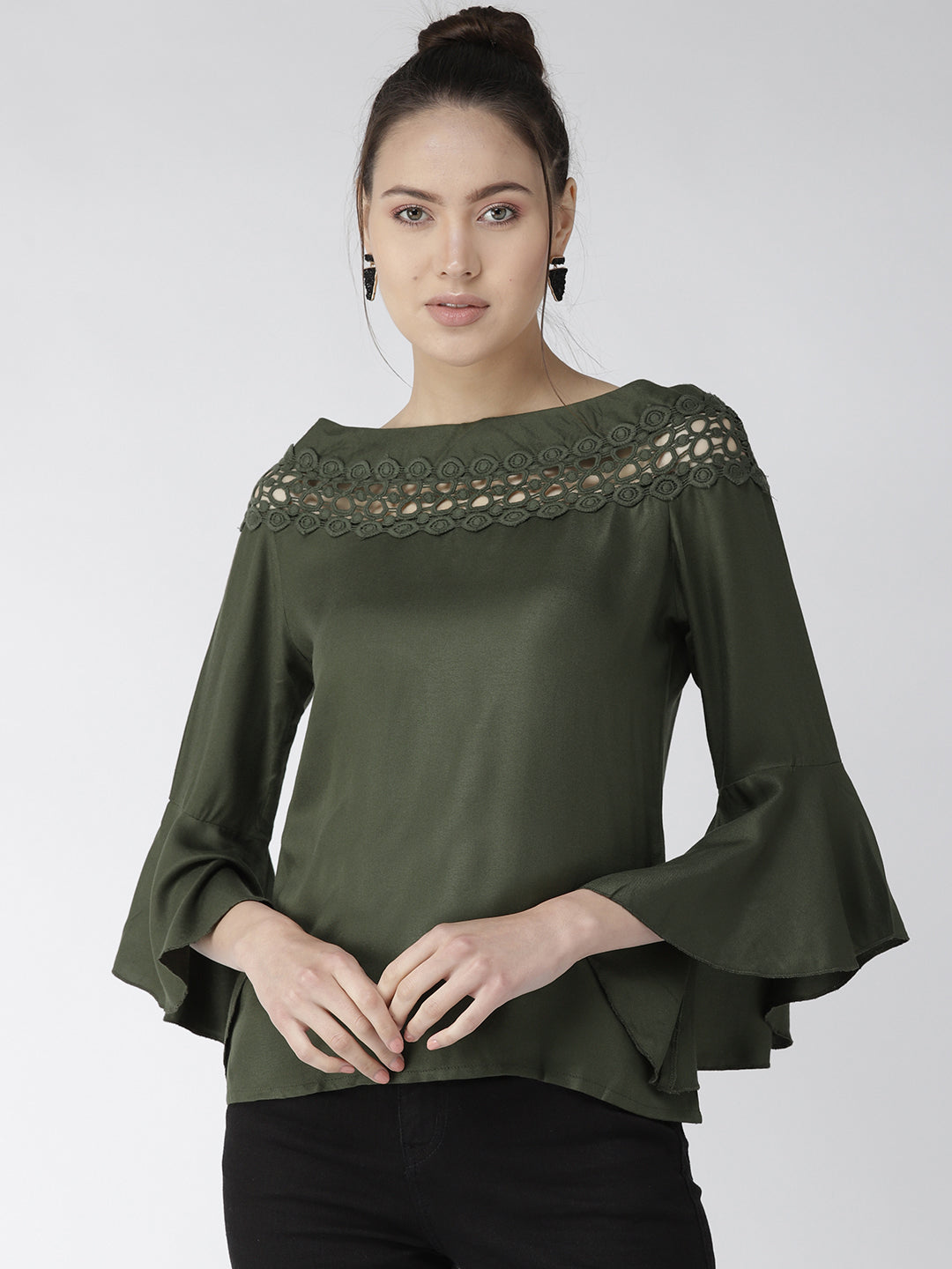 Style Quotient Women Solid Olive Viscose Rayon Smart Top