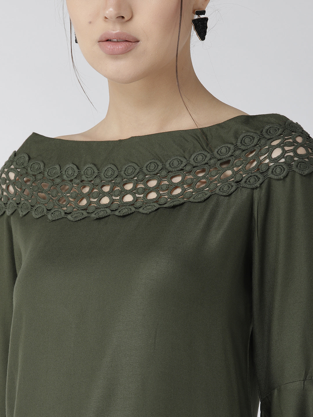 Style Quotient Women Solid Olive Viscose Rayon Smart Top