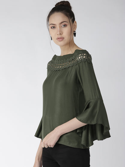 Style Quotient Women Solid Olive Viscose Rayon Smart Top