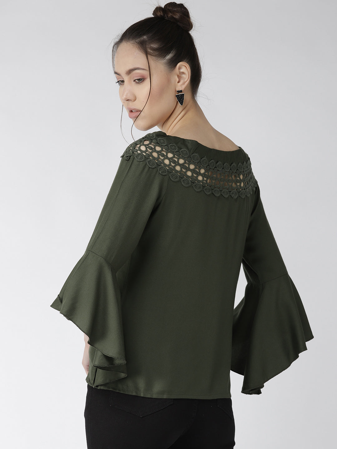 Style Quotient Women Solid Olive Viscose Rayon Smart Top