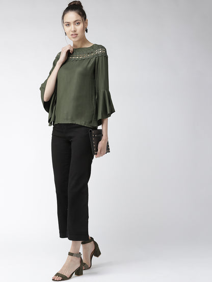 Style Quotient Women Solid Olive Viscose Rayon Smart Top