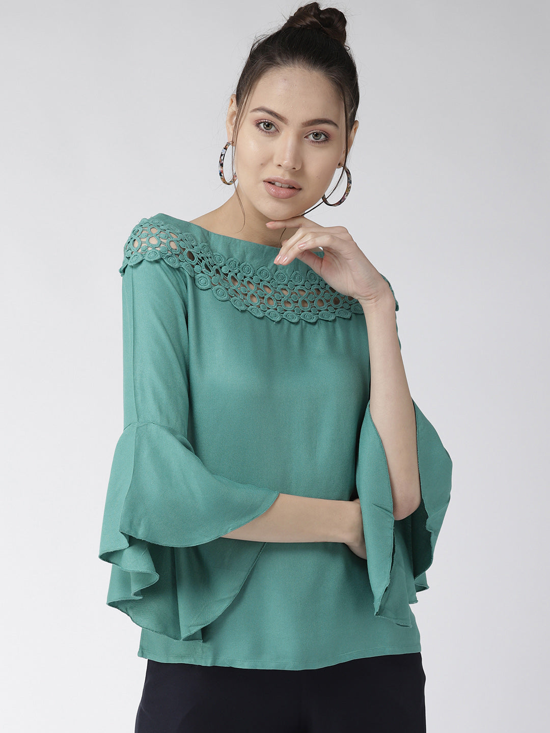 Style Quotient Women Solid Teal Viscose Rayon Smart Top