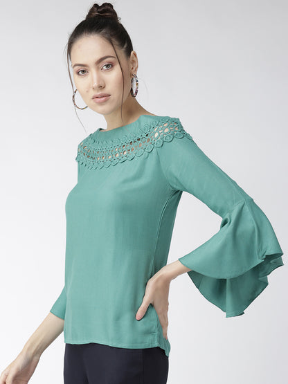 Style Quotient Women Solid Teal Viscose Rayon Smart Top