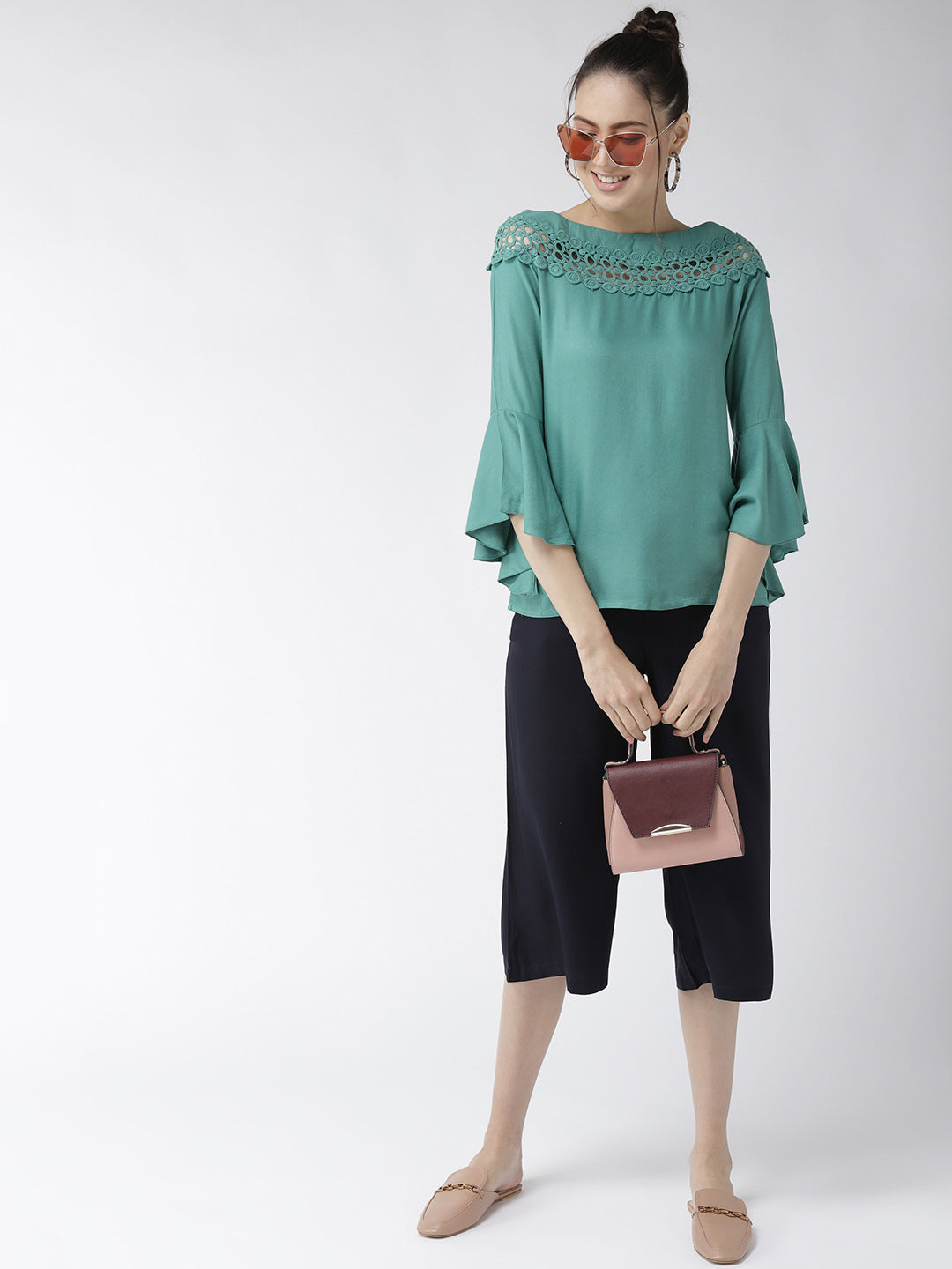 Style Quotient Women Solid Teal Viscose Rayon Smart Top