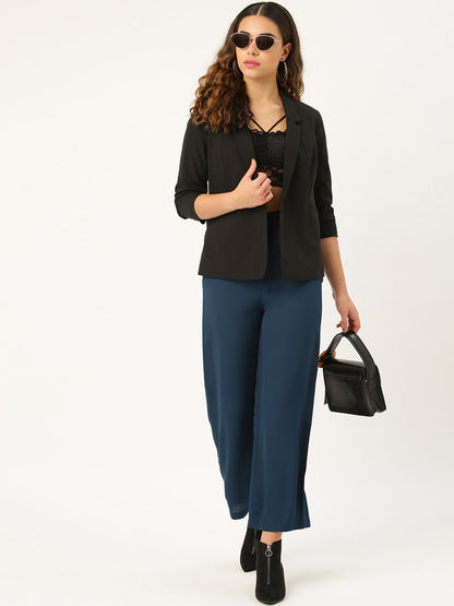 Style Quotient Women Teal Blue Smart Regular Fit Solid Parallel Trousers