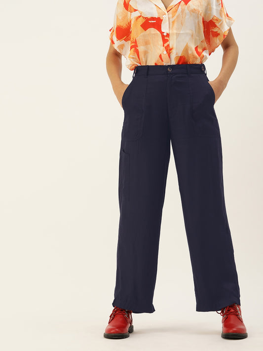 Style Quotient Women Navy Blue Regular Fit Solid Parallel Trousers