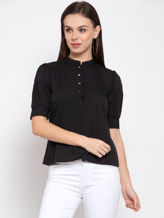 Style Quotient Womens Black Solid Puff Sleeves Regular Top