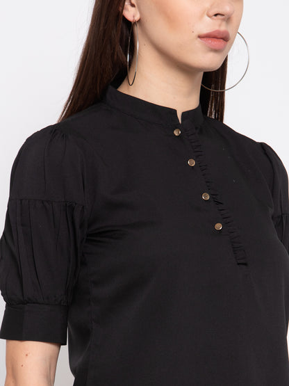 Style Quotient Womens Black Solid Puff Sleeves Regular Top