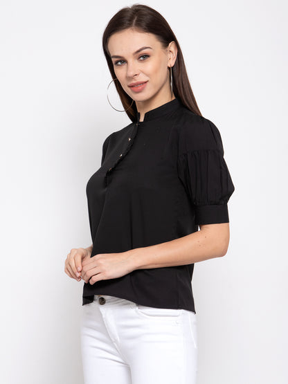 Style Quotient Womens Black Solid Puff Sleeves Regular Top