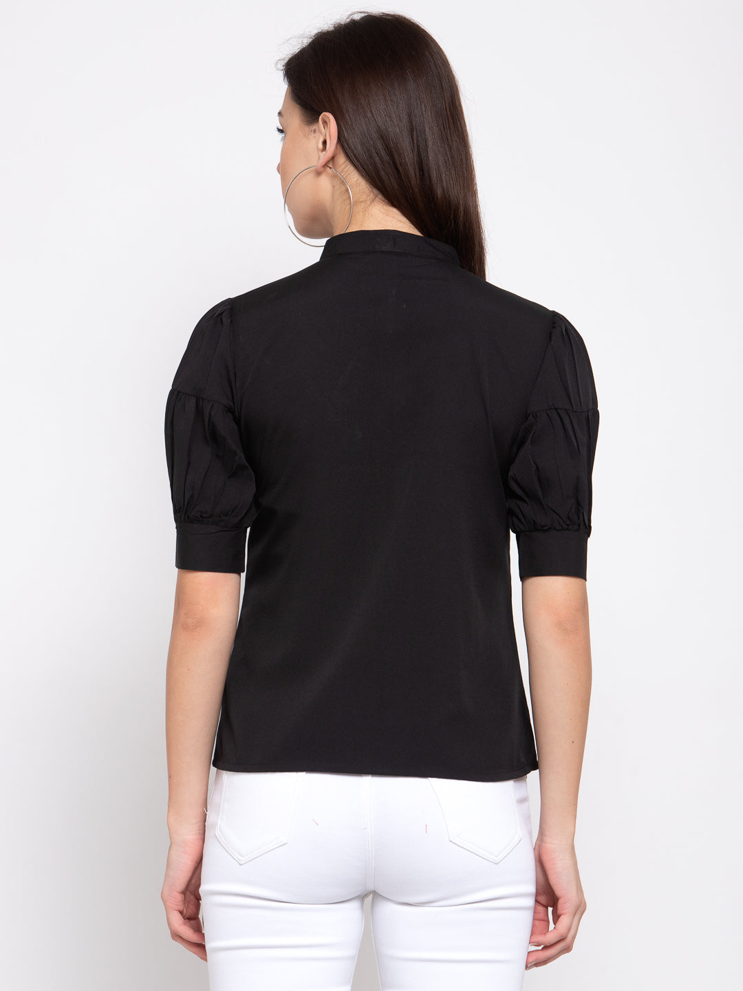 Style Quotient Womens Black Solid Puff Sleeves Regular Top