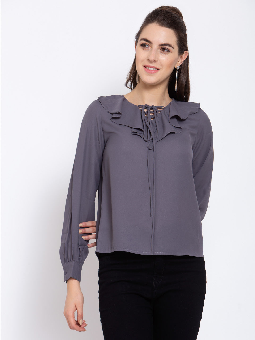 Style Quotient Women Grey Tie-Up Neck Crepe Regular Top