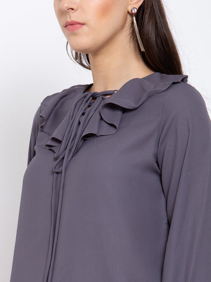 Style Quotient Women Grey Tie-Up Neck Crepe Regular Top