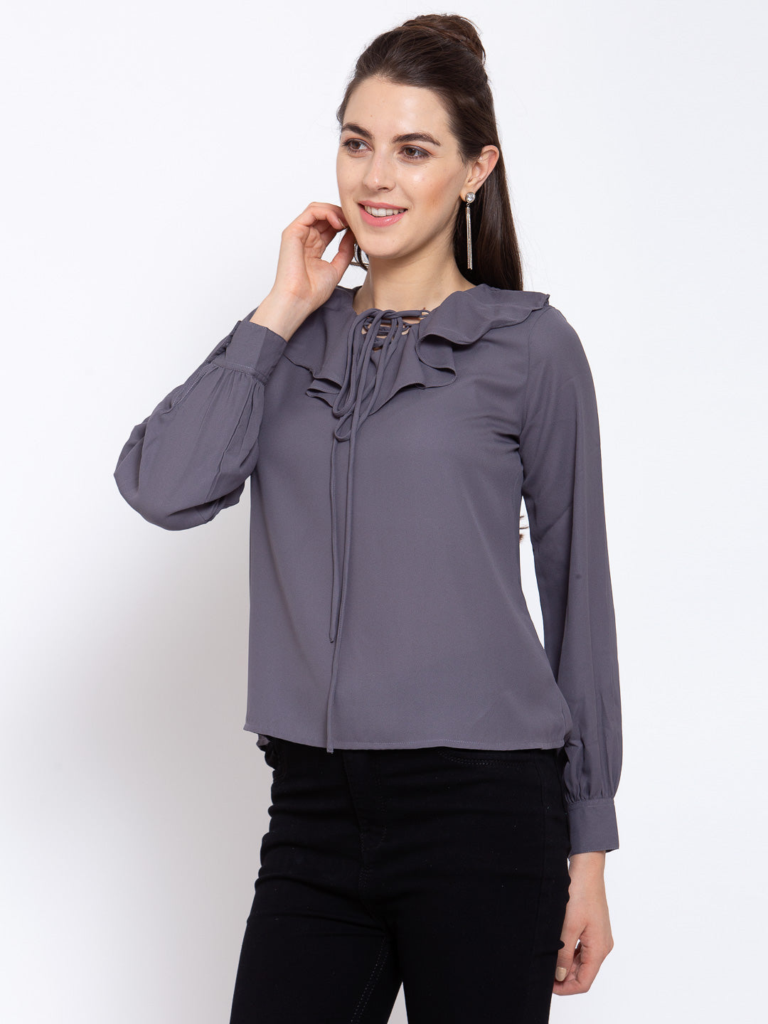 Style Quotient Women Grey Tie-Up Neck Crepe Regular Top