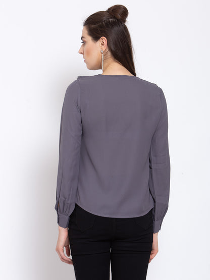 Style Quotient Women Grey Tie-Up Neck Crepe Regular Top