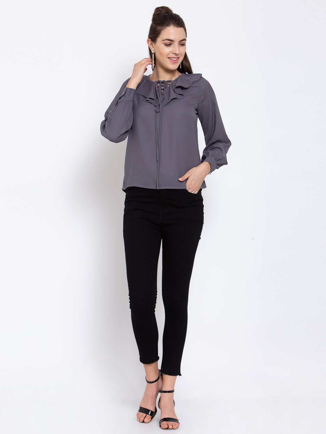 Style Quotient Women Grey Tie-Up Neck Crepe Regular Top