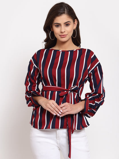 Style Quotient Women Maroon Striped Crepe Cinched Waist Top