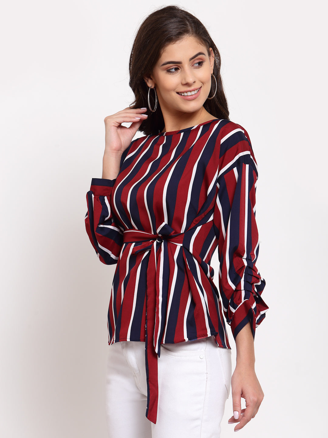 Style Quotient Women Maroon Striped Crepe Cinched Waist Top