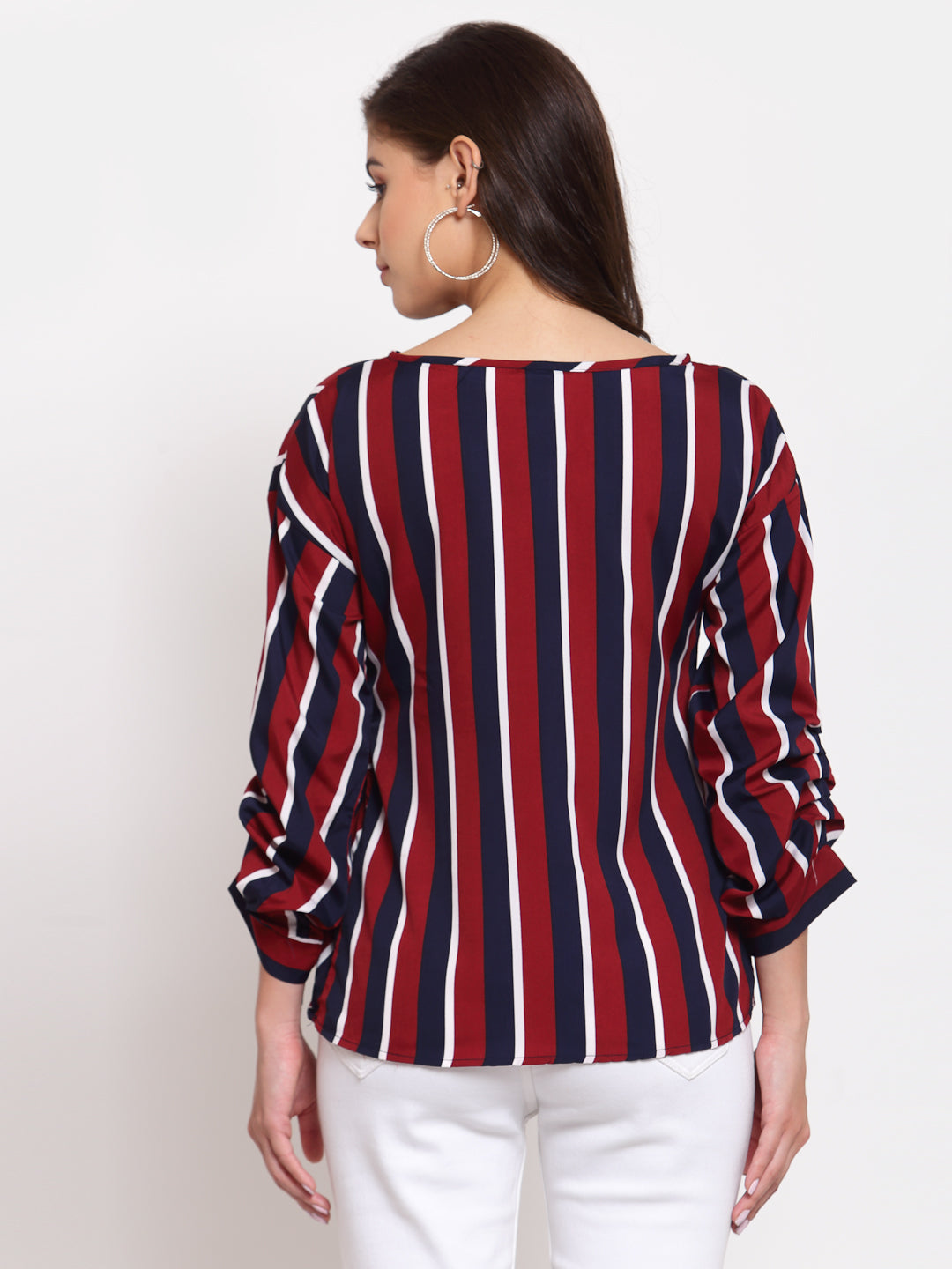 Style Quotient Women Maroon Striped Crepe Cinched Waist Top