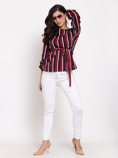 Style Quotient Women Maroon Striped Crepe Cinched Waist Top