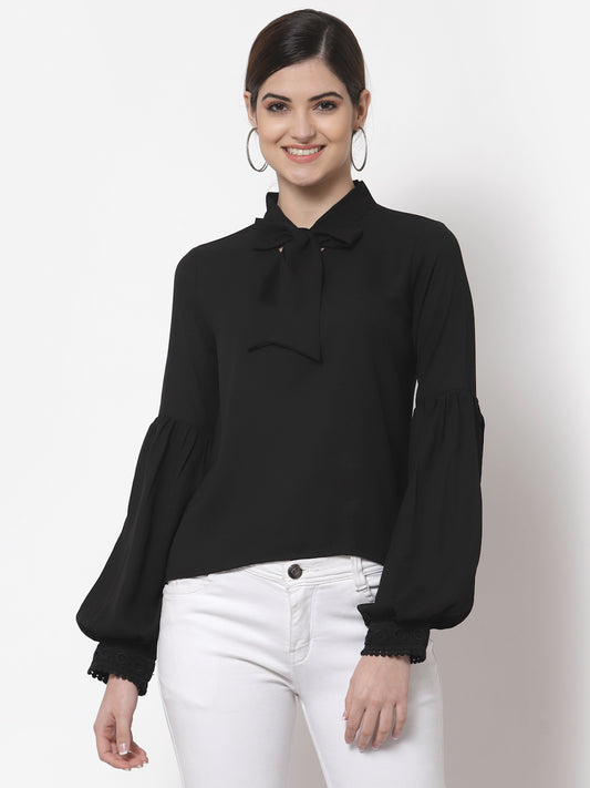 Style Quotient Black Tie-Up Neck Bishop Sleeves Crepe Top