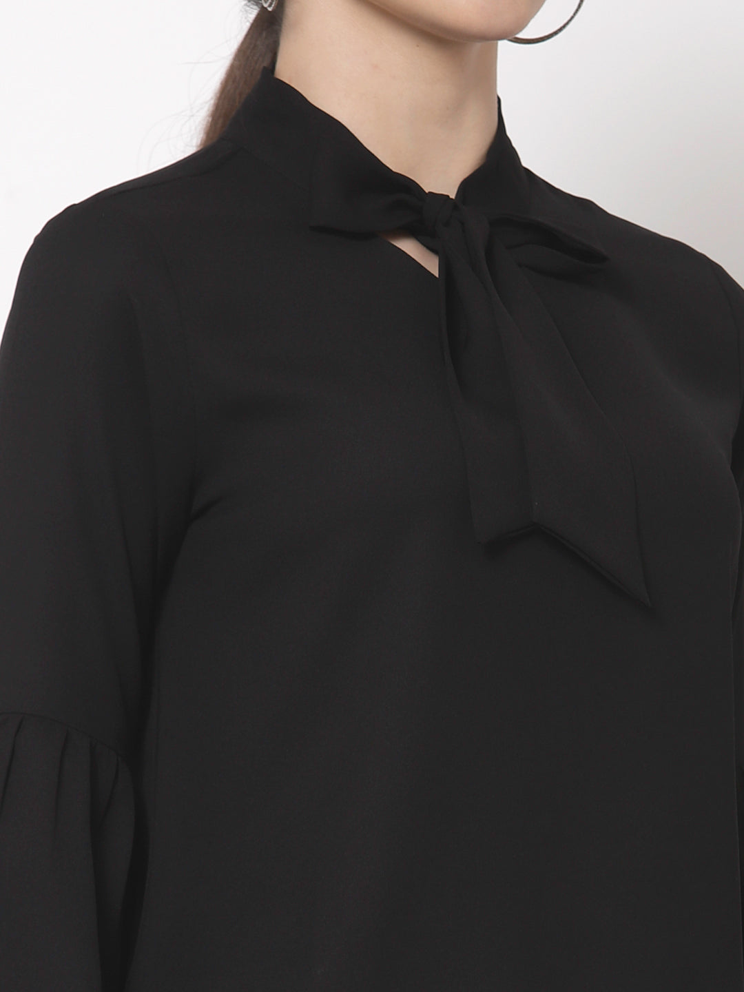 Style Quotient Black Tie-Up Neck Bishop Sleeves Crepe Top