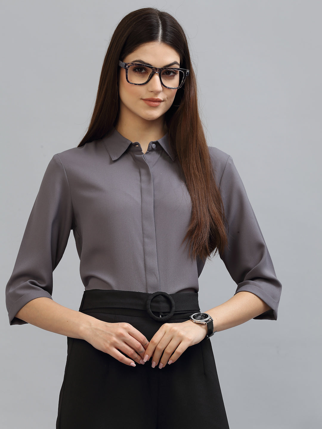 Style Quotient Women Solid Grey Poly Moss Regular Formal Shirt