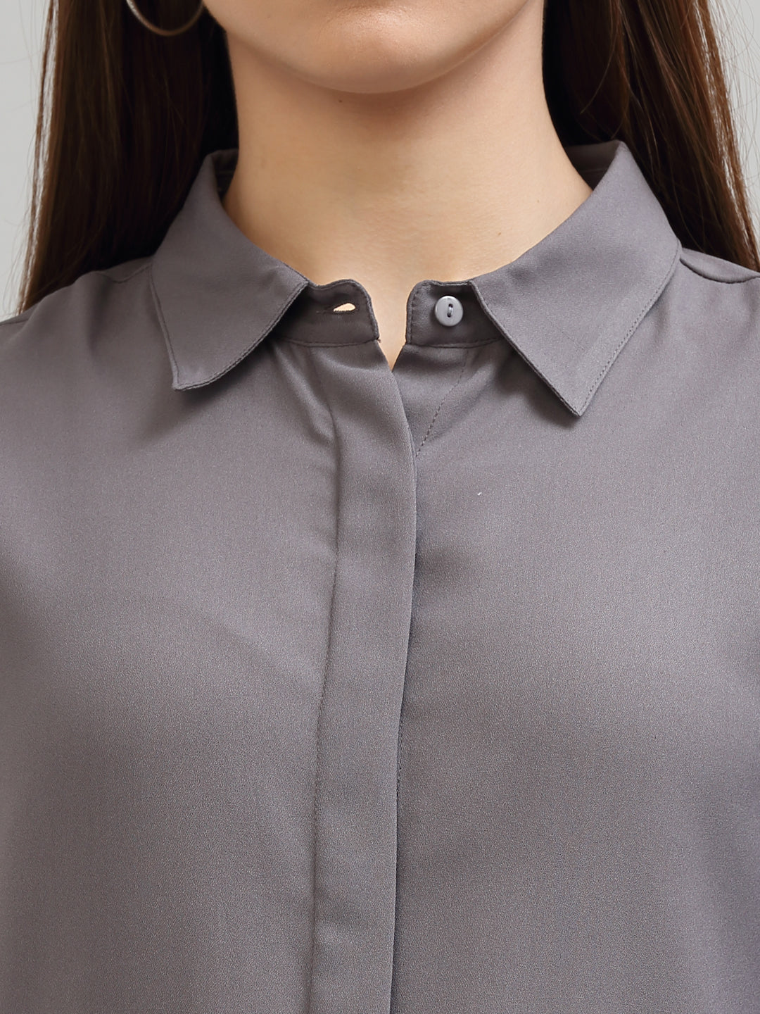 Style Quotient Women Solid Grey Poly Moss Regular Formal Shirt