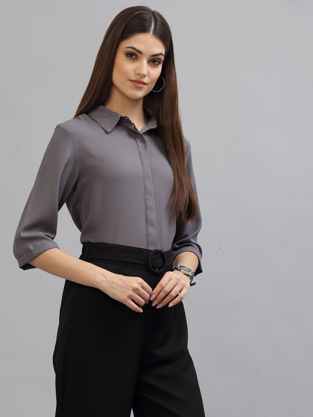 Style Quotient Women Solid Grey Poly Moss Regular Formal Shirt