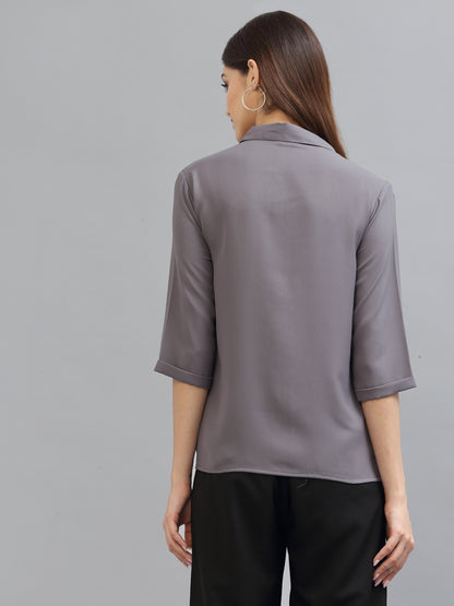 Style Quotient Women Solid Grey Poly Moss Regular Formal Shirt