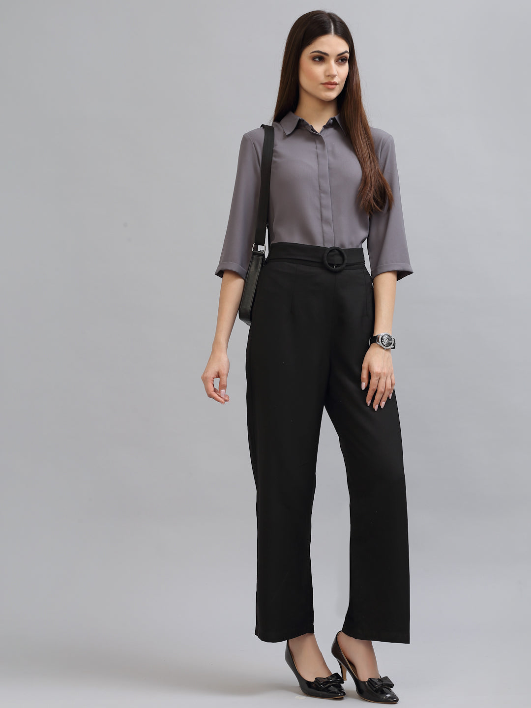 Style Quotient Women Solid Grey Poly Moss Regular Formal Shirt