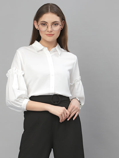 Style Quotient Women Solid White Poly Moss Regular Formal Shirt