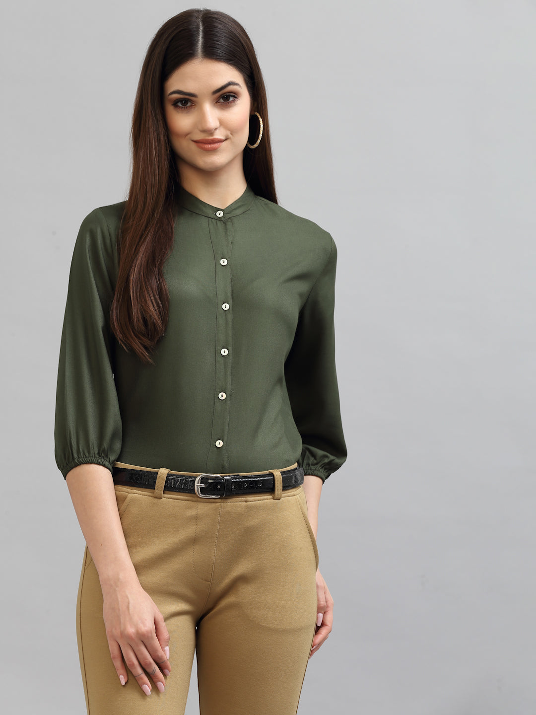 Style Quotient Women Solid Olive Viscose Rayon Formal Shirt