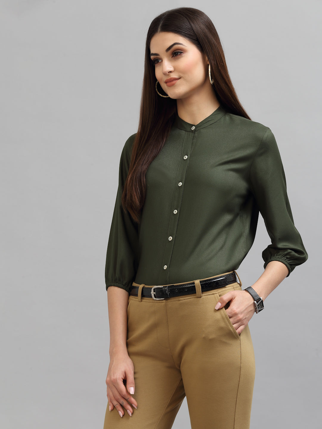 Style Quotient Women Solid Olive Viscose Rayon Formal Shirt