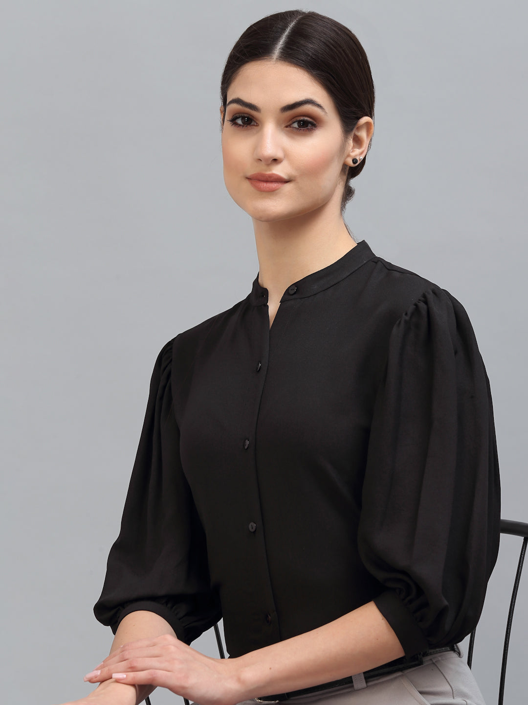 Style Quotient Women Solid Black Poly Moss Regular Formal Shirt