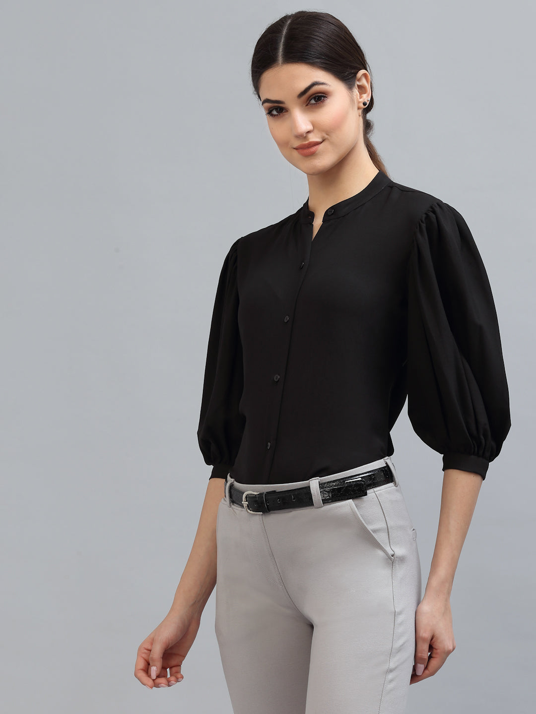 Style Quotient Women Solid Black Poly Moss Regular Formal Shirt